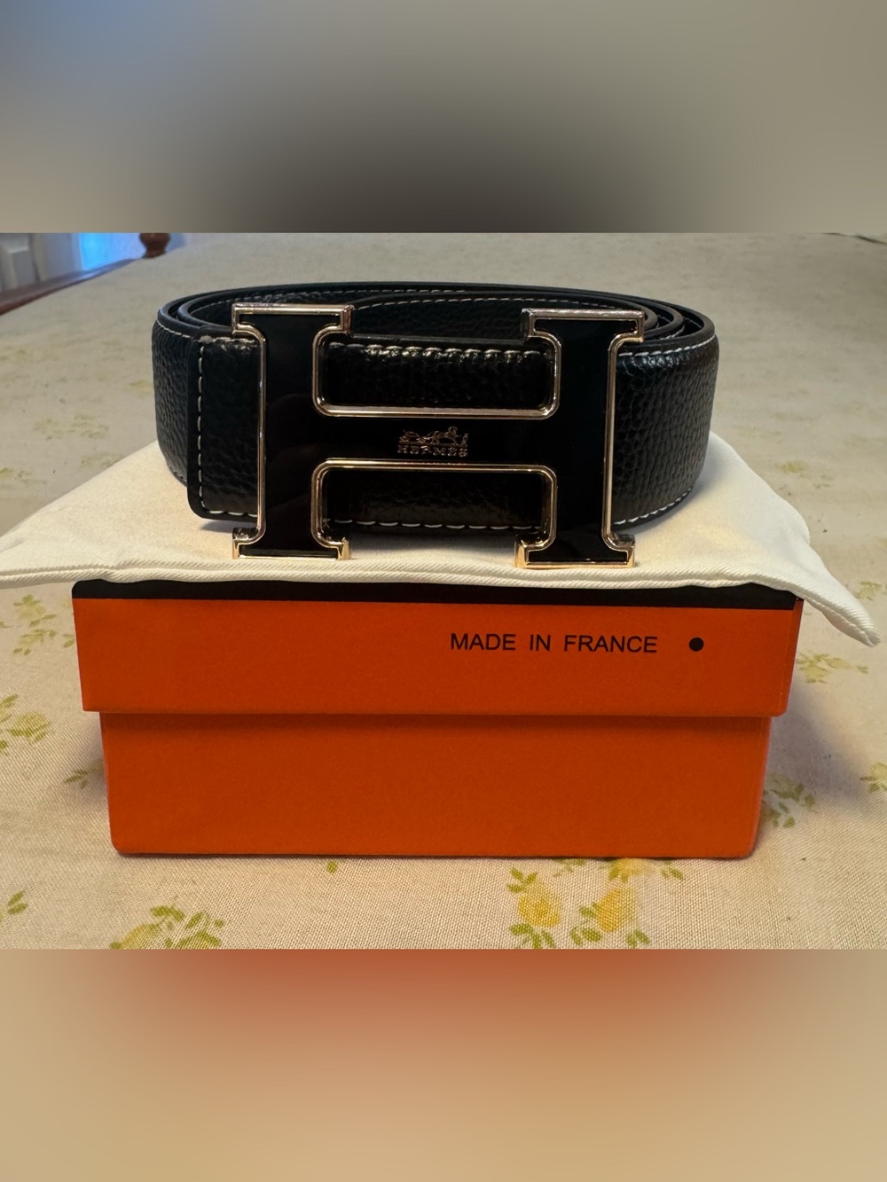 -Black Leather Hermes Belt with black and gold Buckle